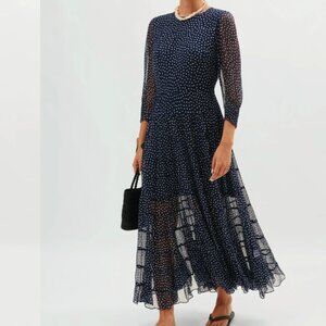 RIXO Kristen Georgette Midi Dress Navy Polka Dot